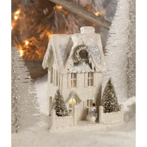 Bethany Lowe 9" Wintery White Tall Putz House with Snowman Christmas Village Figure