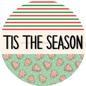 Door Hanger, Christmas Sign, Mint Stripe Christmas Cake Sign, Welcome Sign, 18" Wood Sign, Tis The Season, DECOE-2309-DH, 18" Wood Round