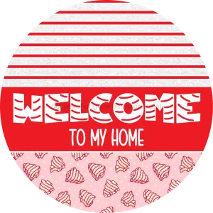 Door Hanger, Christmas Sign, Pink Christmas Cake Sign, Welcome Sign, 18" Wood Sign, Welcome To My Home, DECOE-2240-DH, 18" Wood Round