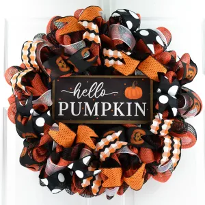 Hello Pumpkin Halloween Door Wreaths | Orange Mesh Front Door Decor | Black Orange Polka Dot