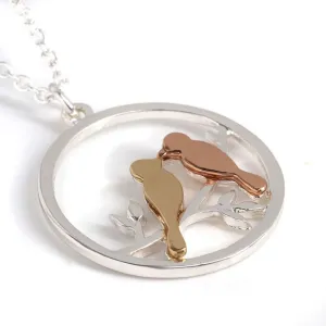 POM 18" Silver Plated Mixed Finish Lovebirds in Circle Necklace